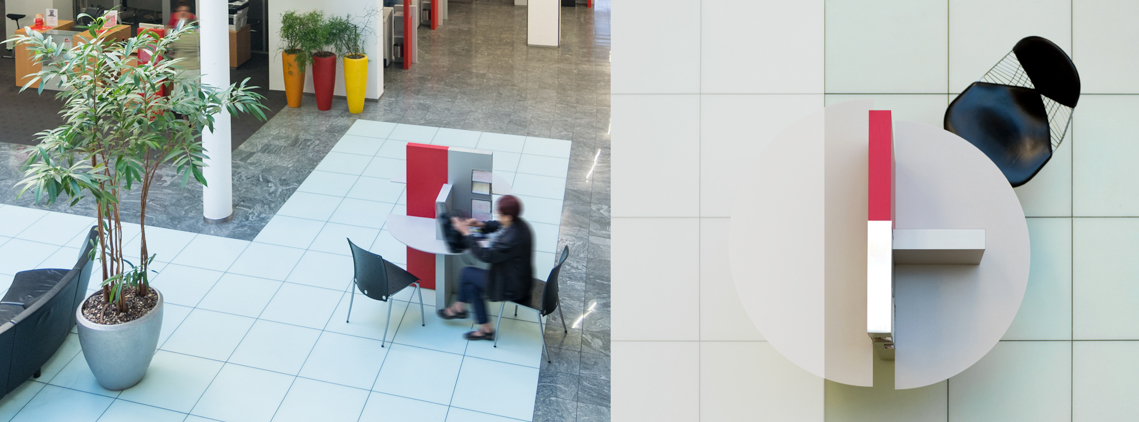 Sparkasse Erfurt Anger Kundenhalle Wartebereich mit selbstentworfener Schreibgelegenheit