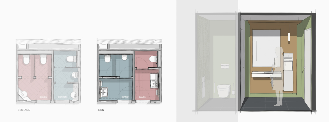 WC-Anlage Sanierung und Neugestaltung Entwurf Grundriss und Perspektive 