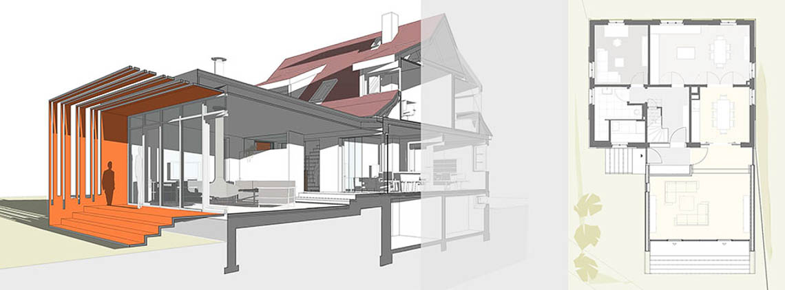 Visualisierung Anbau Schnittperspektive und Grundriss Entwurf