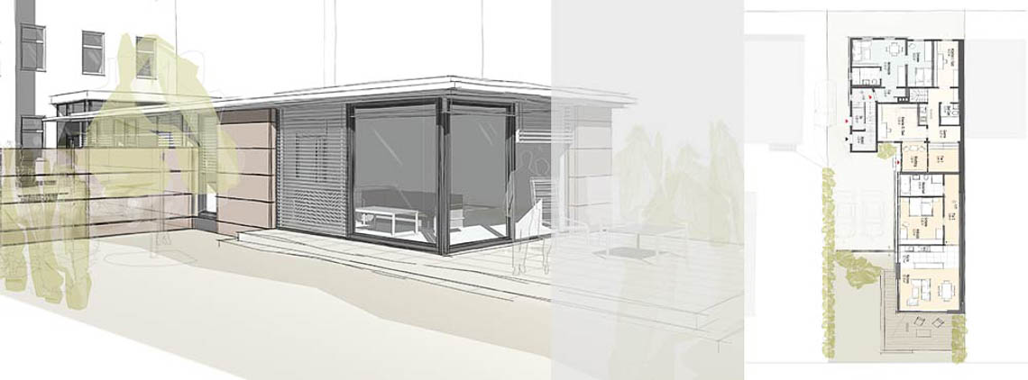 Visualisierung Perspektive Anbau und Grundriss Entwurf