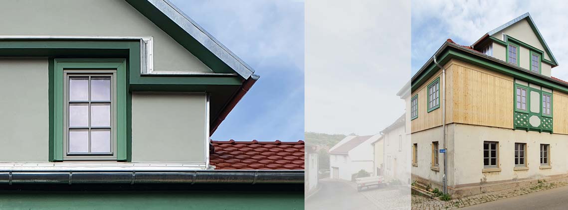 Fachwerkhaus Sanierung und Umbau Ziegeldach Dachgaube mit Sprossenfenster