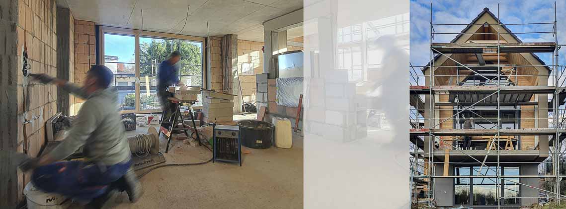 Ausbauarbeiten Innen und Aussen und Gerüst vor Holzfassade