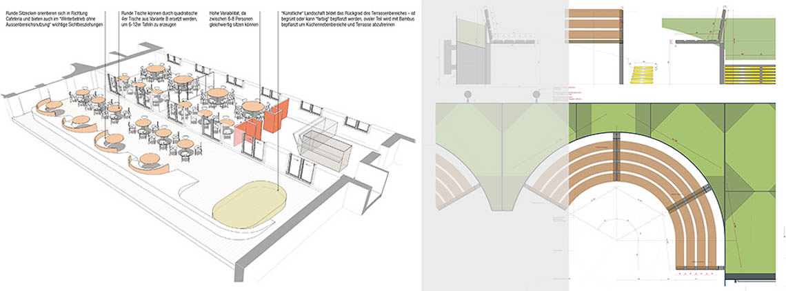 Perspektive Entwurf und Detailplan Sitzbank