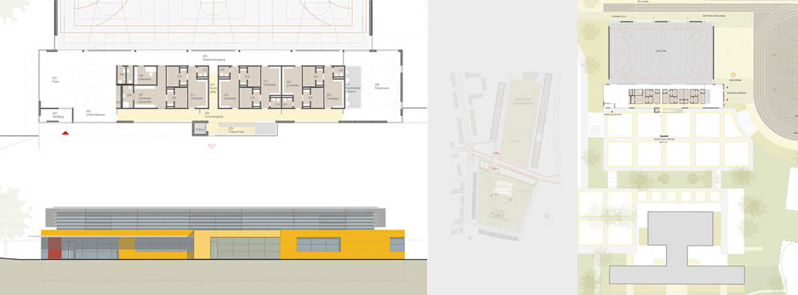 Entwurfszeichnung Dreifeldsporthalle Grundriss Ansichten