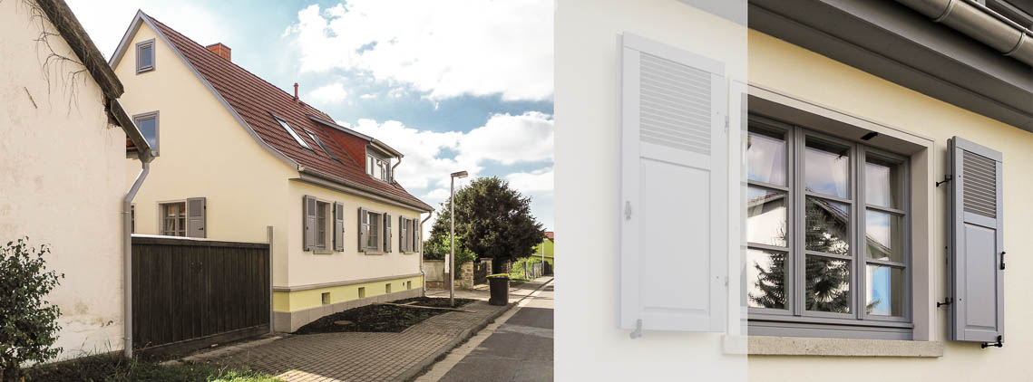 Strassenseite Aussenfassade und Holzfenster mit Fensterladen