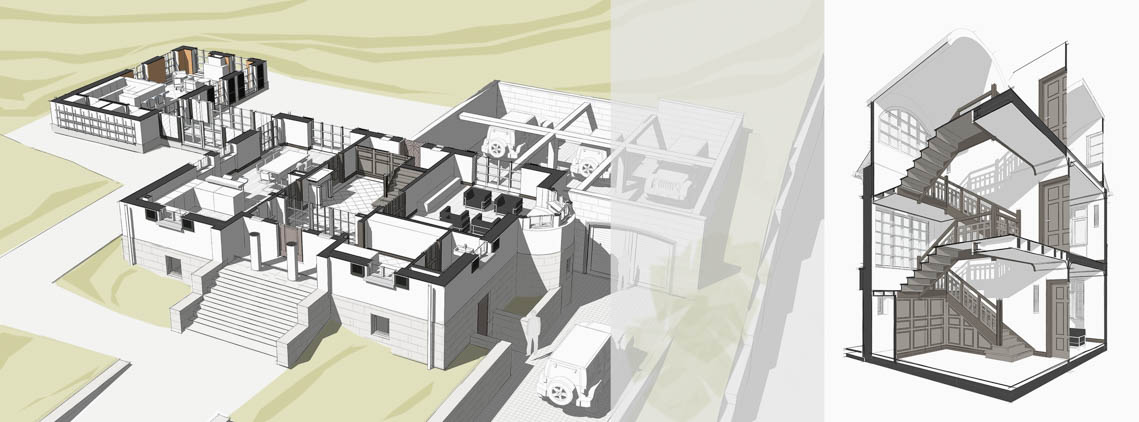 Schnittperspektive Erdgeschoss und Perspektive Treppenhaus Schnittperspektive Erdgeschoss und Perspektive Treppenhaus