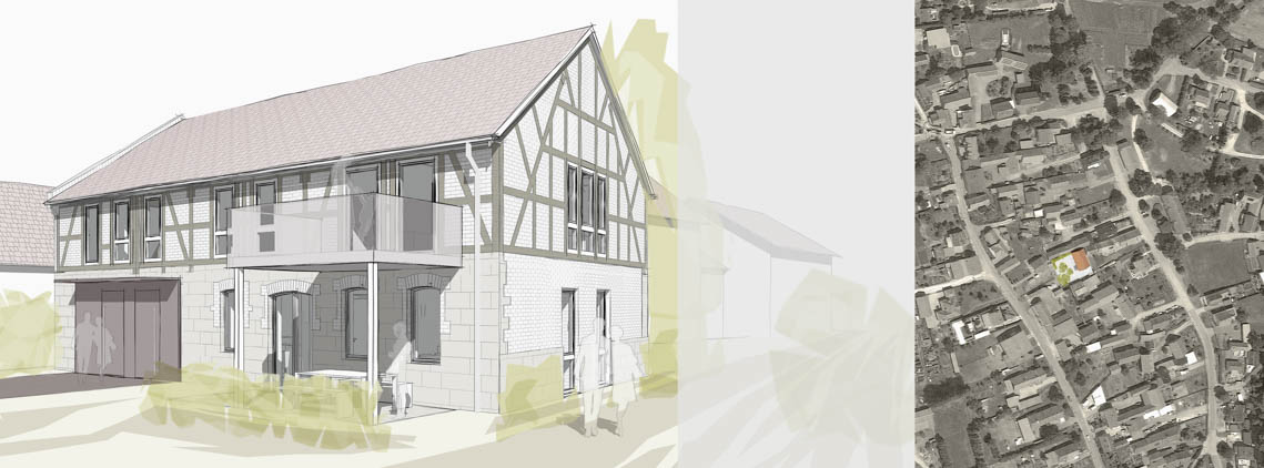 Entwurfsperspektive Umbau Scheune zum Wohnhaus und Luftbild