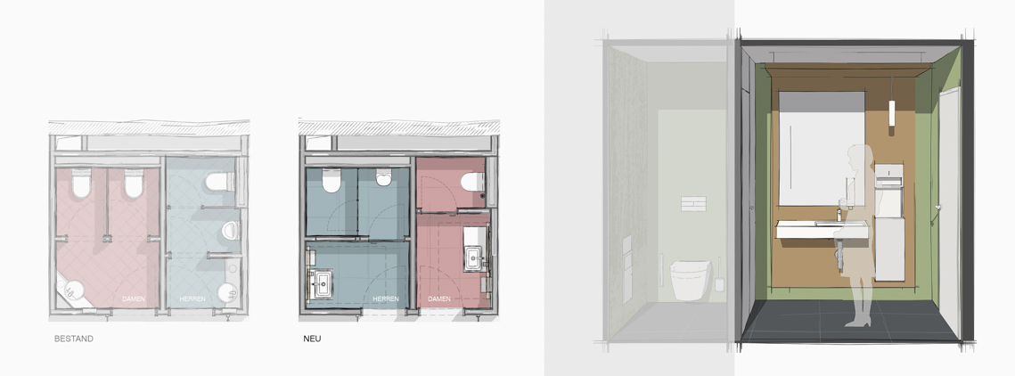 Entwurfsplanung WC-Anlagen Sparkasse Anger Erfurt Grundriss und Perspektive